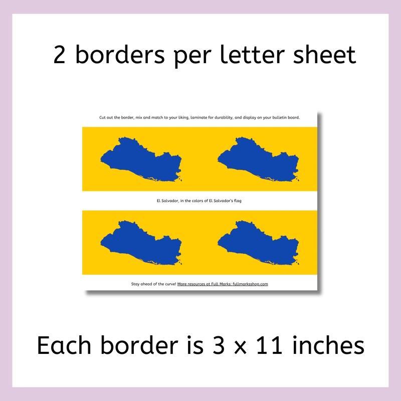 Image of bulletin board borders with blue maps of El Salvador on yellow background.