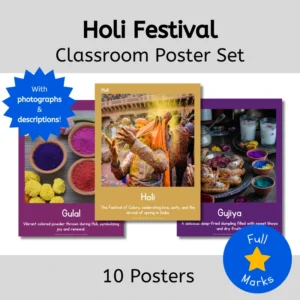 Holi Festival Classroom Poster Set with photographs of Gulal powders, Holi celebrations, and Gujiya sweets.