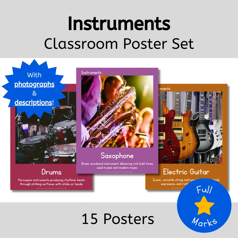 Promotional display for an "Instruments Classroom Poster Set" featuring images and descriptions of a drum, saxophone, and electric guitar.