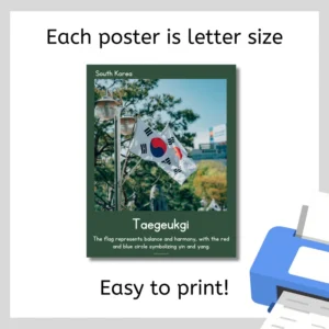 A letter-size poster of the South Korean flag (Taegeukgi) on a pole, with text explaining its symbolism, and a printer shown in the corner.