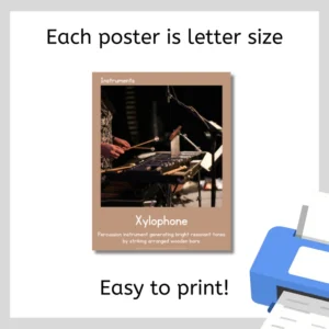 Poster depicting a xylophone being played, set against a brown background with text, on a light gray backdrop.