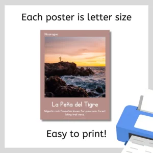 A mockup of a letter-size poster showing a sunset over a rocky coastline, labeled "La Peña del Tigre" with additional descriptive text about the location.