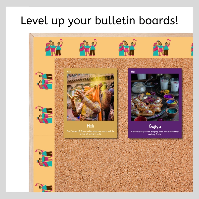 Decorative bulletin board featuring two posters about the Holi festival, celebrating colors and Gujiya sweets.