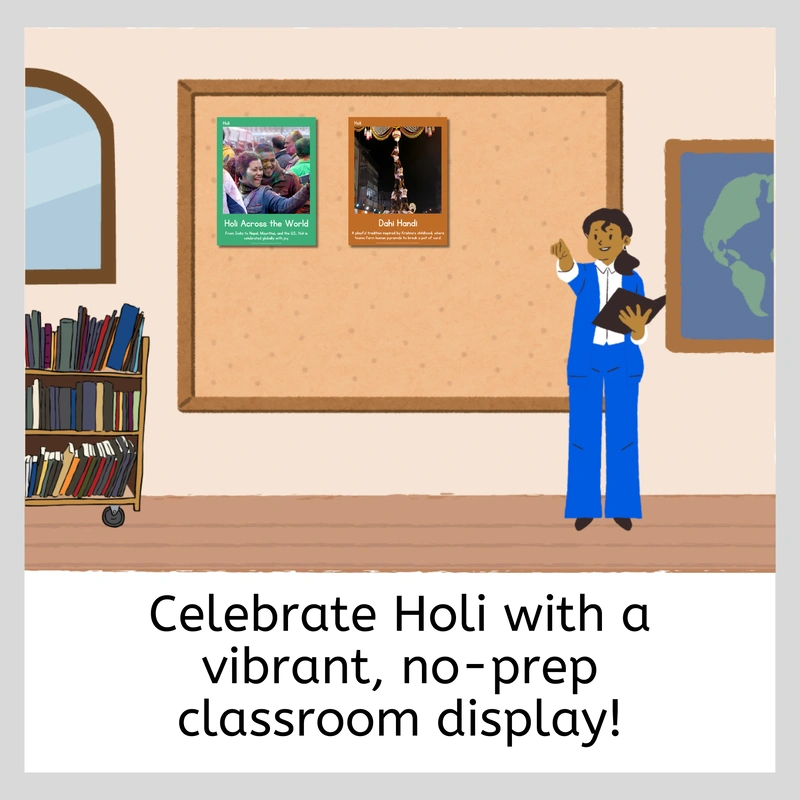 Classroom with a bulletin board displaying Holi festival posters, a person in a blue suit holding a book, and a bookshelf.
