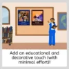 Classroom scene with a bulletin board, educational posters, and a person holding a book.