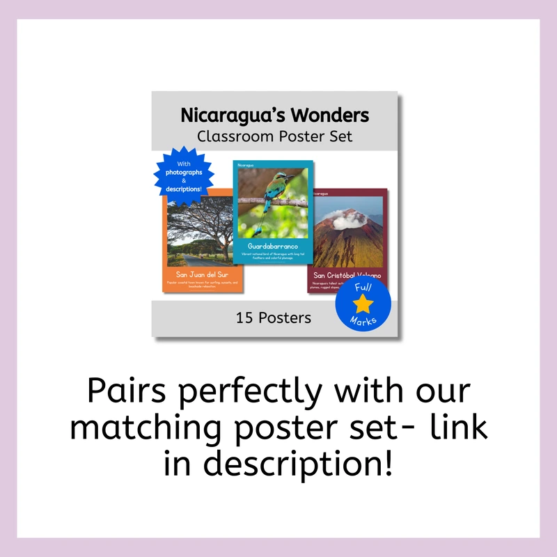 Promotional image for "Nicaragua’s Wonders" classroom poster set with three sample posters and text.