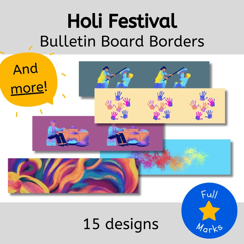 Holi-themed bulletin board borders with colorful designs and text reading "Bulletin Board Borders Holi Themed" and "15 designs."